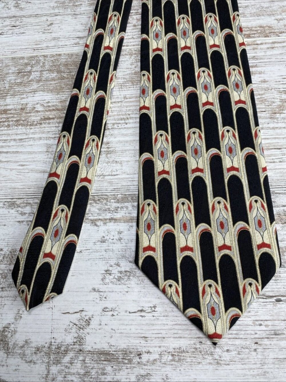 Contissima X-Long Silk Tie Art Deco Geometric Black Gold Red 64” Handmade - Picture 3 of 5